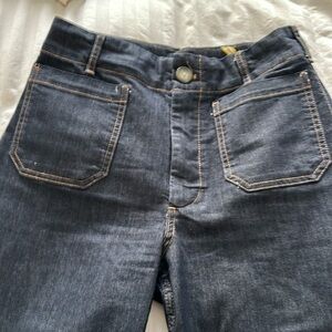 Maeve Collette high waist wide leg dark denim jeans with stitching.